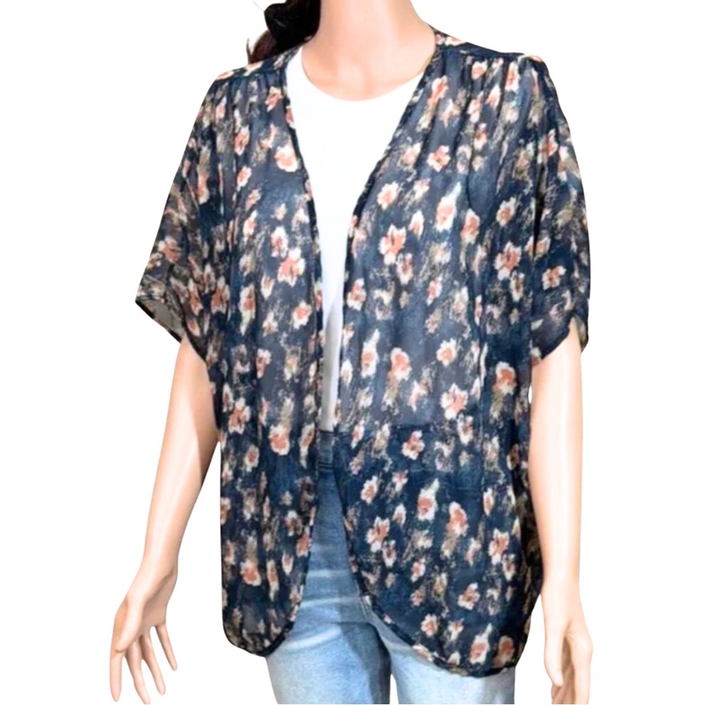 Foreign Exchange Navy Abstract Floral Kimono Cardigan Boho Layer Size M